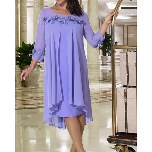 

Two Piece A-Line Mother of the Bride Dress Elegant Jewel Neck Knee Length Chiffon 3/4 Length Sleeve with Pleats Appliques 2022
