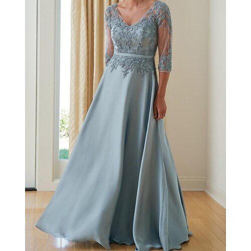 

A-Line Mother of the Bride Dress Elegant V Neck Floor Length Chiffon Lace Half Sleeve with Pleats Appliques 2022