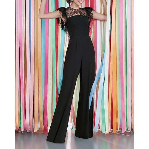 

Jumpsuits Minimalist Sexy Party Wear Formal Evening Dress Jewel Neck Sleeveless Floor Length Chiffon with Lace Insert 2022