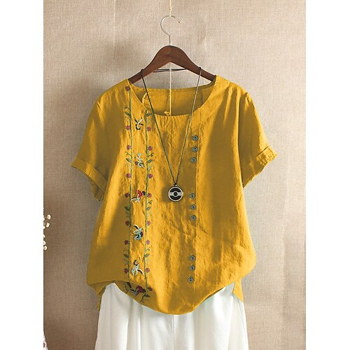 

Women's Blouse Shirt Tunic Green Red Navy Blue Floral Flower Embroidered Short Sleeve Daily Basic Round Neck Long M / Summer