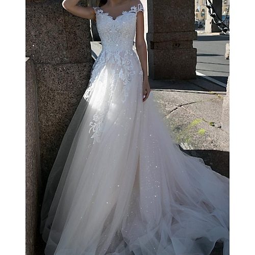 

A-Line Wedding Dresses V Neck Sweep / Brush Train Lace Tulle Sleeveless Country with Appliques 2022