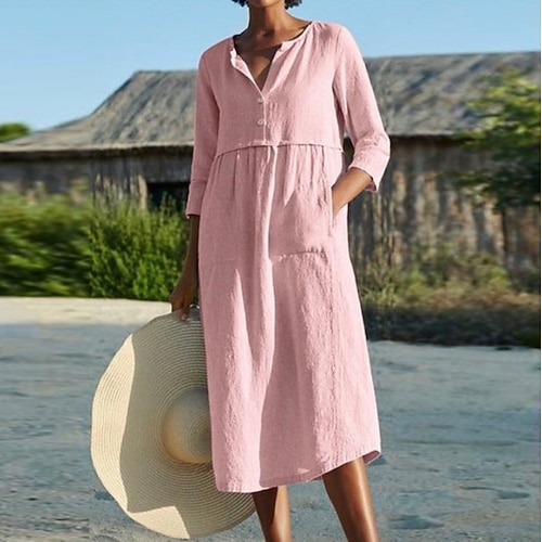 

Women's A Line Dress Midi Dress Black Pink Wine Light Blue 3/4 Length Sleeve Solid Color Pocket Summer Shirt Collar Work Hot Casual Loose Linen S M L XL XXL 3XL 4XL 5XL