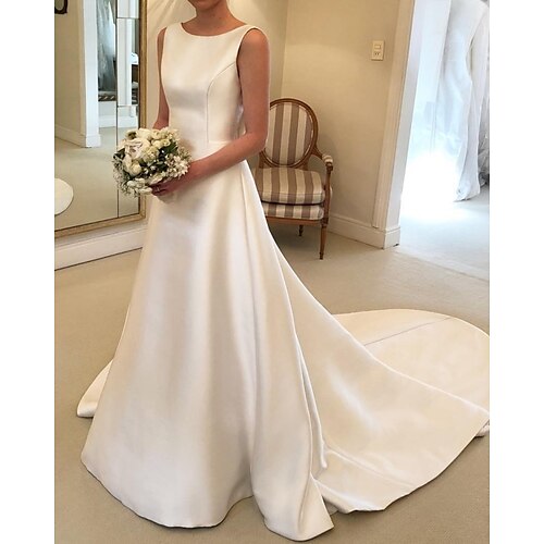 

A-Line Wedding Dresses Jewel Neck Court Train Satin Sleeveless Simple with Bow(s) 2022