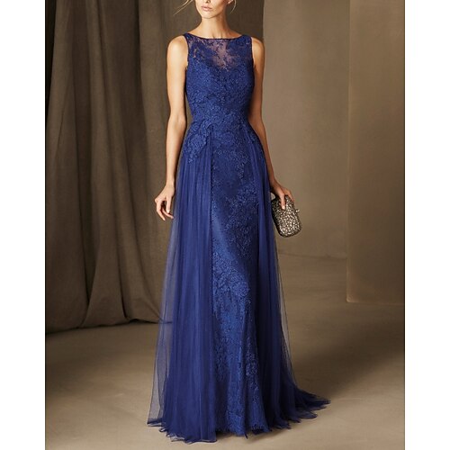 

A-Line Mother of the Bride Dress Elegant Jewel Neck Floor Length Lace Sleeveless with Pleats Appliques 2022