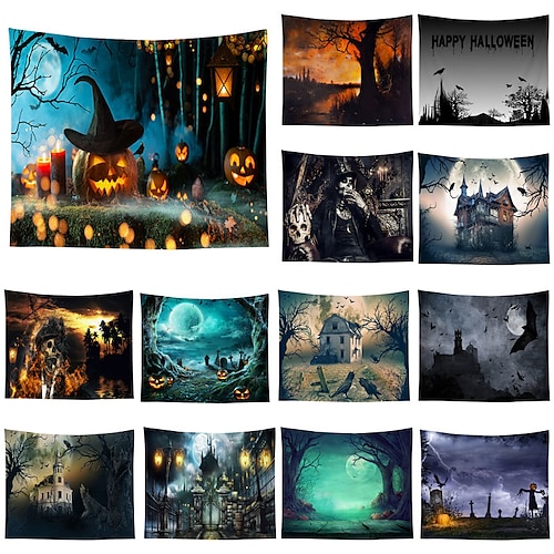 Halloween Decorations Wall Tapestry Art Decor Blanket Curtain Picnic Tablecloth Hanging Home Bedroom Living Room Decoration Pychedelic Skull Skeleton Pumpkin Bat Witch Haunted Scary Castle