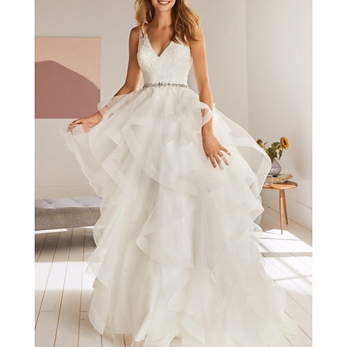 

Ball Gown Wedding Dresses V Neck Court Train Lace Tulle Sleeveless Country with Sashes / Ribbons Appliques Cascading Ruffles 2022