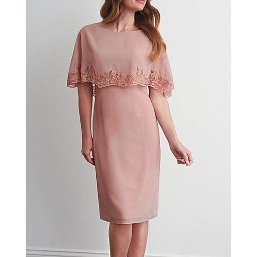 

Sheath / Column Mother of the Bride Dress Elegant Jewel Neck Knee Length Chiffon Lace Sleeveless with Appliques 2022