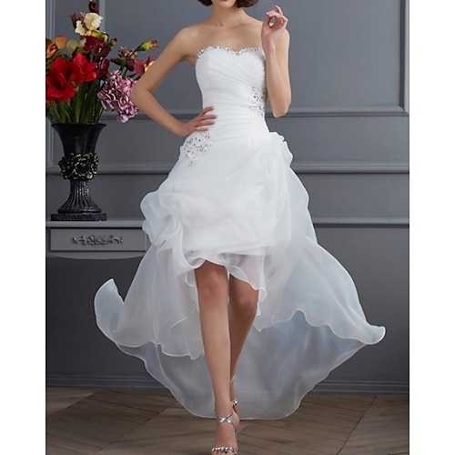 

A-Line Wedding Dresses Strapless Asymmetrical Organza Sequined Sleeveless Vintage 1950s with Ruched Beading 2022