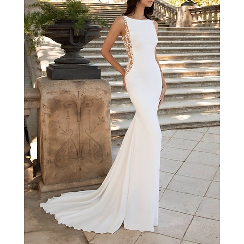 

Mermaid / Trumpet Wedding Dresses Jewel Neck Sweep / Brush Train Stretch Satin Sleeveless Country with Appliques 2022