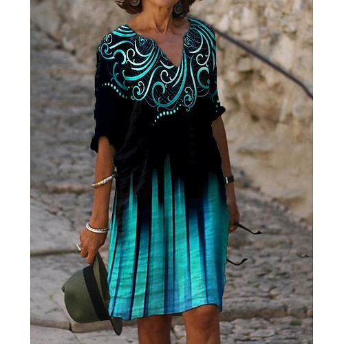 

Women's Shift Dress Midi Dress Blue Half Sleeve Floral Print Fall Spring Autumn V Neck Loose Fit M L XL XXL 3XL