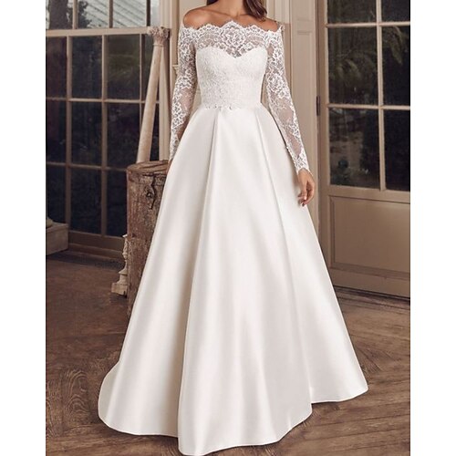 

A-Line Wedding Dresses Off Shoulder Floor Length Lace Satin Long Sleeve Formal with 2022
