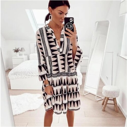 

Women's Shift Dress Knee Length Dress Black Long Sleeve Geometric Print Summer V Neck Hot Casual Flare Cuff Sleeve Loose 2022 S M L XL XXL
