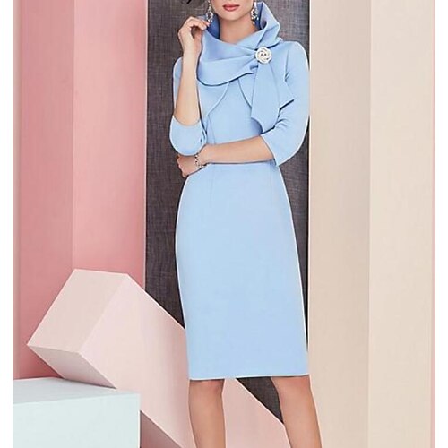 

Sheath / Column 3 Piece Suit Mother of the Bride Dress Elegant High Neck Knee Length Satin 3/4 Length Sleeve with Flower 2022