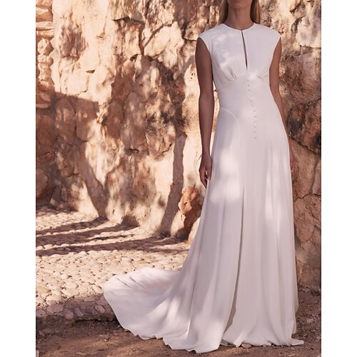 

A-Line Wedding Dresses Jewel Neck Court Train Satin Sleeveless Simple with Buttons 2022