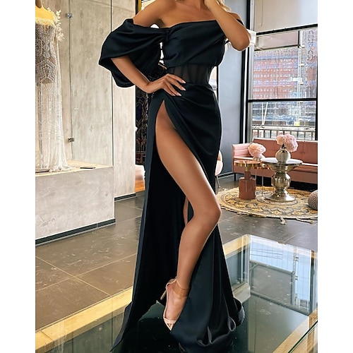 

A-Line Corsets Elegant Sexy Wedding Guest Formal Evening Birthday Dress Off Shoulder Short Sleeve Court Train Stretch Satin with Slit 2022