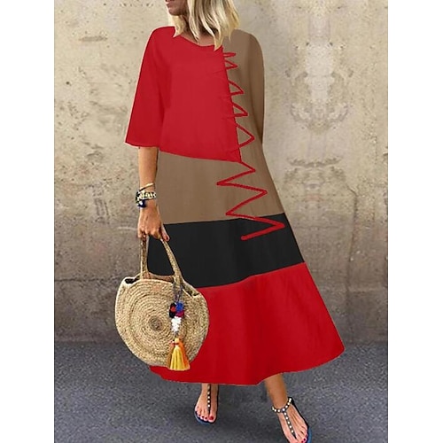 

Women's Casual Dress Swing Dress Long Dress Maxi Dress Khaki Red Gray Half Sleeve Color Block Patchwork Fall Spring Autumn Crew Neck Hot M L XL XXL 3XL 4XL 5XL