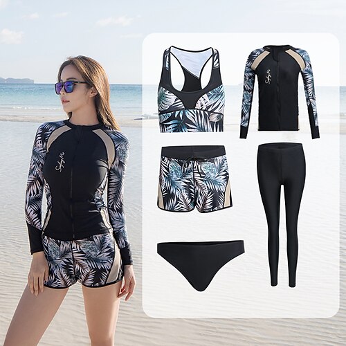 

Women's Rashguard Swimsuit Bathing Suit UV Sun Protection UPF50 Breathable Stretchy Full Body Front Zip 5-Piece - Swimming Surfing Water Sports Floral / Botanical Autumn / Fall Spring Summer