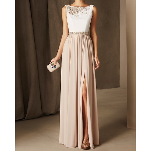 

A-Line Mother of the Bride Dress Elegant Jewel Neck Floor Length Chiffon Sleeveless with Pleats Beading Split Front 2022