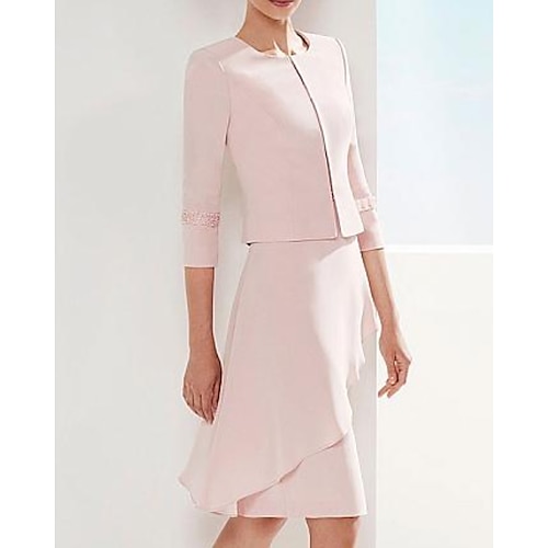 

Two Piece Sheath / Column Mother of the Bride Dress Elegant V Neck Knee Length Satin 3/4 Length Sleeve with Beading Ruffles 2022