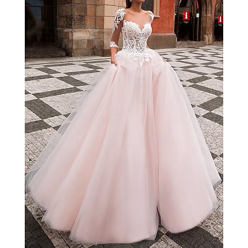 

Ball Gown Wedding Dresses Jewel Neck Sweep / Brush Train Lace Tulle Half Sleeve Country with Appliques 2022