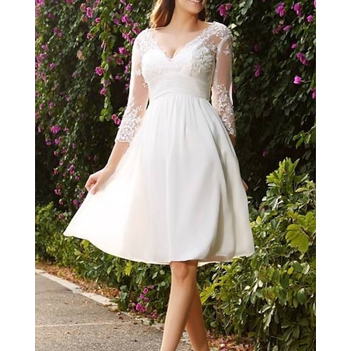 

A-Line Wedding Dresses V Neck Knee Length Chiffon Lace Half Sleeve Country Vintage Little White Dress 1950s with Appliques 2022