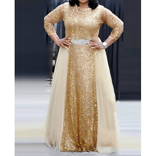 

A-Line Plus Size Elegant Engagement Formal Evening Dress Jewel Neck 3/4 Length Sleeve Floor Length Chiffon with Sash / Ribbon Sequin 2022