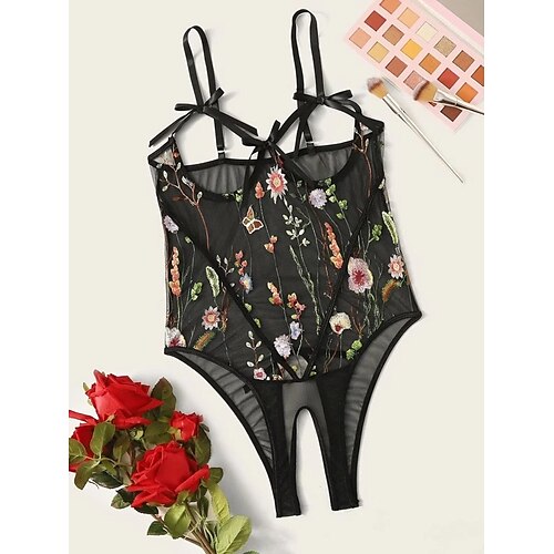 

Women's Bodysuits Teddies & Bodysuits Jacquard Embroidered Spandex Strap Mesh Lace Spring Summer Black / Buckle / Bow / Buckle / Erotic / Bow