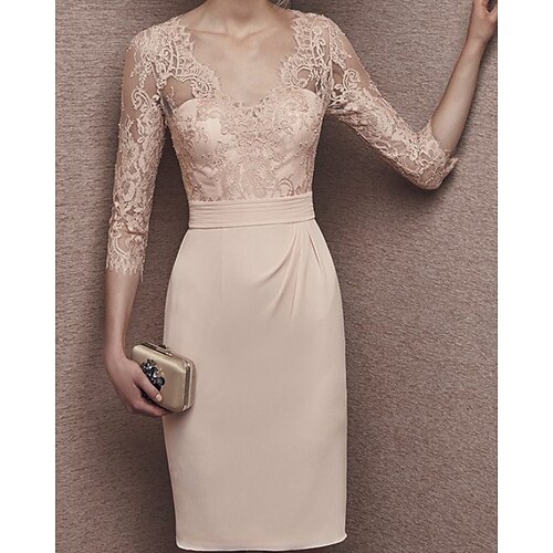 

Sheath / Column Mother of the Bride Dress Elegant V Neck Knee Length Chiffon Lace Half Sleeve with Appliques 2022