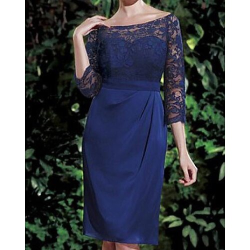 

Sheath / Column Mother of the Bride Dress Elegant Off Shoulder Knee Length Chiffon Lace 3/4 Length Sleeve with Side Draping 2022