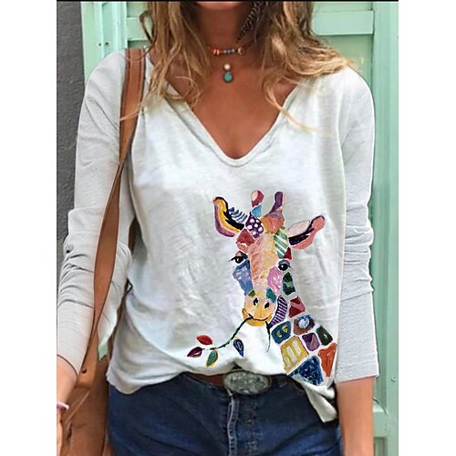 

Women's T shirt Tee Green Blue Pink Giraffe Print Long Sleeve Daily Basic V Neck Loose Fit S / 3D Print