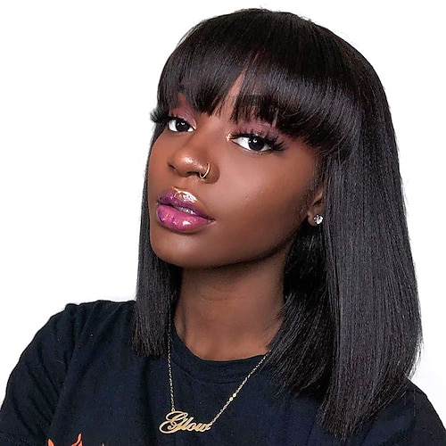 

Remy Human Hair Wig Medium Length Natural Straight Short Bob With Bangs Natural Black Fashionable Design Natural Best Quality Capless Brazilian Hair Women's Girls' Black 12 inch / For Black Women