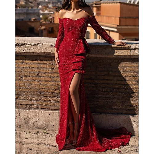 

Mermaid / Trumpet Evening Dresses Glittering Dress Engagement Court Train Long Sleeve Off Shoulder Stretch Satin with Ruffles Slit 2022 / Formal Evening