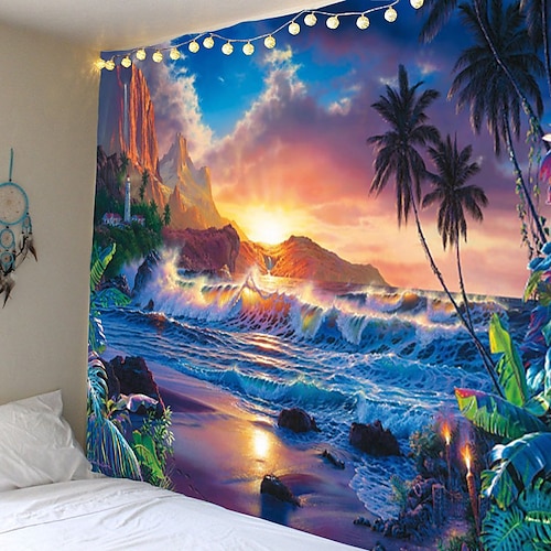 

Beach Theme Sunset Wall Tapestry Art Decor Blanket Curtain Hanging Home Bedroom Living Room Dorm Decoration Polyester