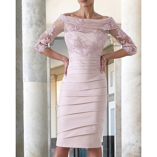 

Sheath / Column Mother of the Bride Dress Elegant Jewel Neck Knee Length Taffeta Half Sleeve with Appliques Ruching 2022