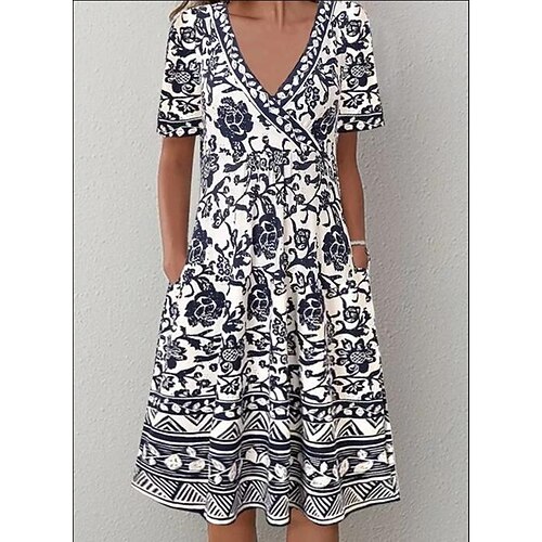 

Women's A Line Dress Knee Length Dress Black Short Sleeve Print Print Summer V Neck Hot Casual 2022 M L XL XXL 3XL 4XL 5XL