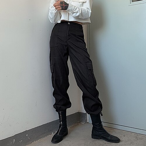 

Women's Joggers Cargo Pants Pants Trousers White Black High Waist Punk Hip-Hop Street Daily Micro-elastic Full Length Breathable Solid Colored S M L / Loose Fit