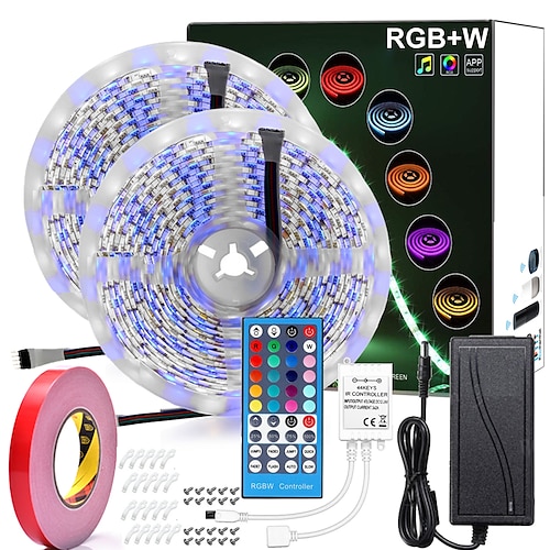 

32.8ft RGBW LED Strip Lights Waterproof 2x5M 600LEDs SMD 5050 Warm White Plus RGB Light with 40 Key Remote Controller or 12V Power Supply Kit