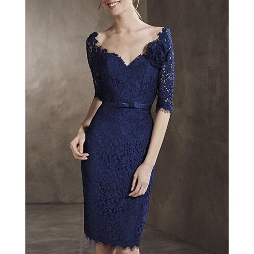 

Sheath / Column Mother of the Bride Dress Elegant V Neck Knee Length Lace Half Sleeve with Sash / Ribbon 2022