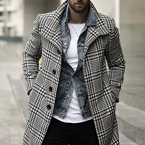 

Men's Winter Coat Overcoat Trench Coat Business Casual Spring & Fall Rayon Outerwear Clothing Apparel Vintage Houndstooth Print Notch lapel collar Single Breasted