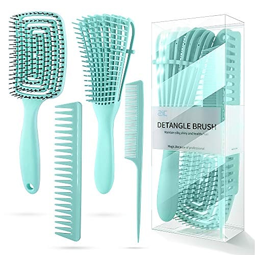 

4 pieces detangling brush and hair comb set kinky wavy curly coily wet dry oil thick long natural hair,knots detangler easy to clean (green)