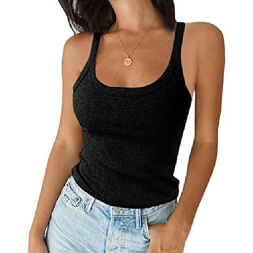 

women& #39;s running tank top sexy scoop neck sleeveless cotton ribbed camisole shirts black
