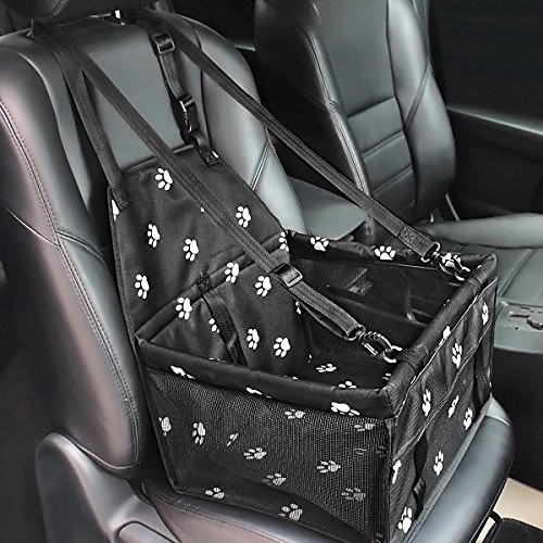 

collapsible pet booster car seat - 2 support bars, portable small dog cat car carrier with safety leash and zipper storage pocket (black with paw prints)