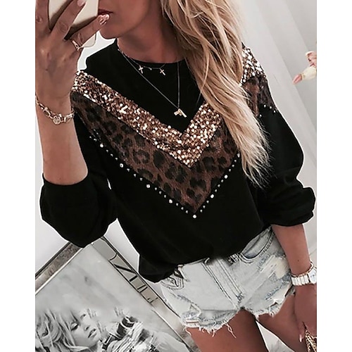 

Chemise Chemisier Femme Noir Léopard Motif Guépard Patchwork Imprimer manche longue du quotidien Fin de semaine basique Col Rond Longue Ample S