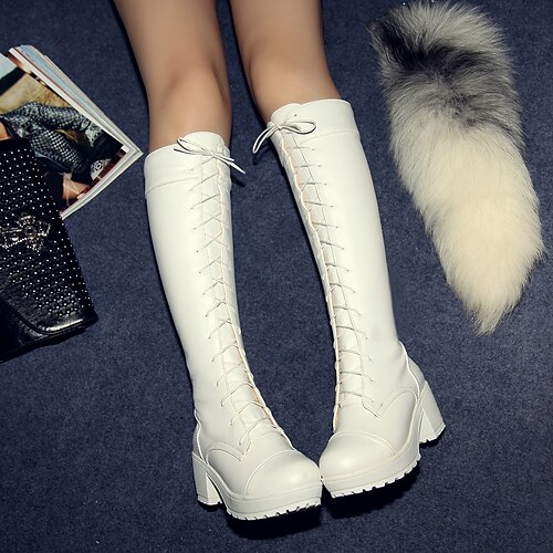 

Women's Boots Daily Block Heel Boots Riding Boots Lolita Knee High Boots Wedge Heel Round Toe Casual PU Lace-up Solid Colored Black White