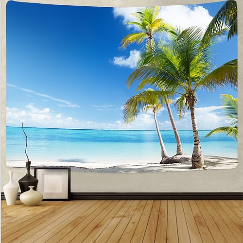

Wall Tapestry Art Deco Blanket Curtain Picnic Table Cloth Hanging Home Bedroom Living Room Dormitory Decoration Polyester Fiber Beach Series Coconut Tree Blue Sea White Cloud Blue Sky