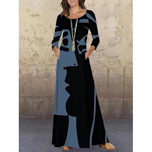 

Women's Casual Dress Swing Dress Long Dress Maxi Dress Black Blue Red Long Sleeve Print Fall Crew Neck Winter Dress Fall Dress Loose Fit M L XL XXL 3XL 4XL