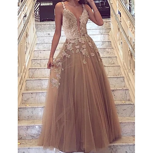 

A-Line Cut Out Floral Engagement Prom Dress V Neck Sleeveless Floor Length Tulle with Overskirt Appliques 2022