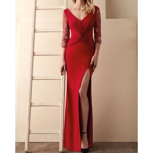 

Mermaid / Trumpet Evening Dresses Sexy Dress Wedding Guest Sweep / Brush Train 3/4 Length Sleeve V Neck Spandex with Draping Slit Appliques 2022 / Illusion Sleeve / Formal Evening