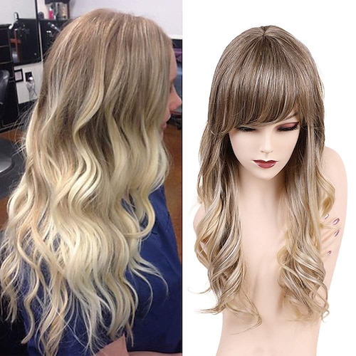 

Human Hair Blend Wig Long Body Wave With Bangs Blonde Party Women Hot Sale Capless Women's Medium Brown / Light Blonde 22 inch / Ombre Hair