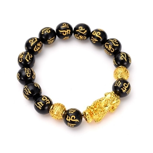 PLTGOOD 8mm/12mm Pixiu Beads Bracelets Feng Shui Black Obsidian Wealth Bracelet for Men Women Sanskrit Hand Carved Mantra Elastic Bracelet